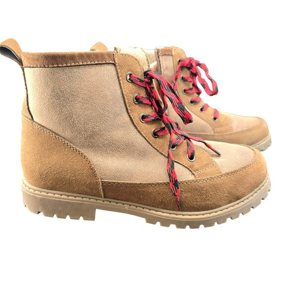 Tan Ridge Womens Lace-Up Ankle Boots Red Laces Side Zippers 7M Faux Suede JJ3906 - Picture 2 of 13